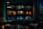 NOW aperto su una Smart TV in un soggiorno moderno con contenuti di cinema, serie TV e sport disponibili in streaming.