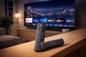 nuova fire tv stick hd con telecomando su superficie moderna