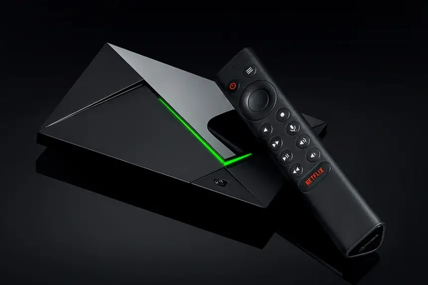 Nvidia Shield TV collegata a una smart TV con interfaccia streaming in un soggiorno moderno