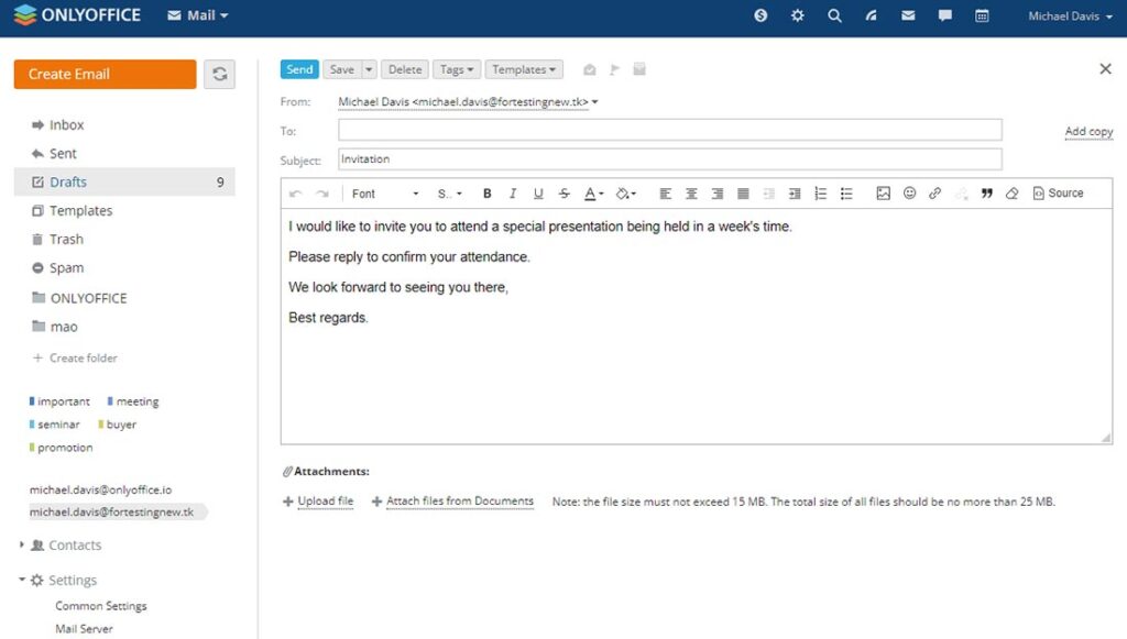 Condivisione client di posta ONLYOFFICE Workspace 12.5