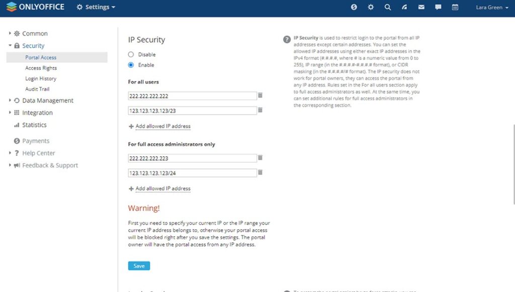 Sicurezza IP su ONLYOFFICE Workspace 12.5