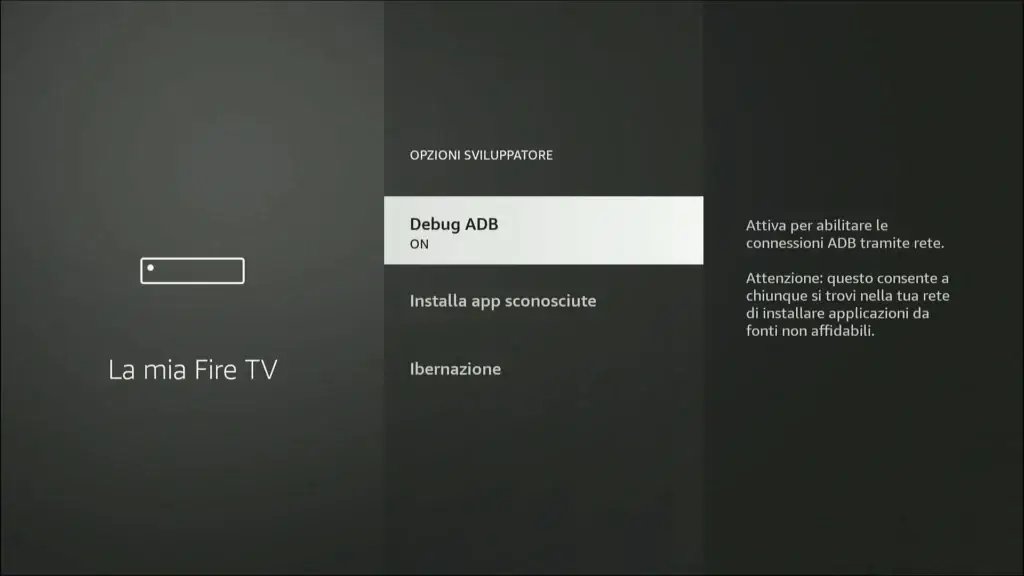 opzioni sviluppatore debugADB firetv