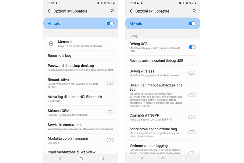 Schermata del menù Opzioni sviluppatore su smartphone Android.