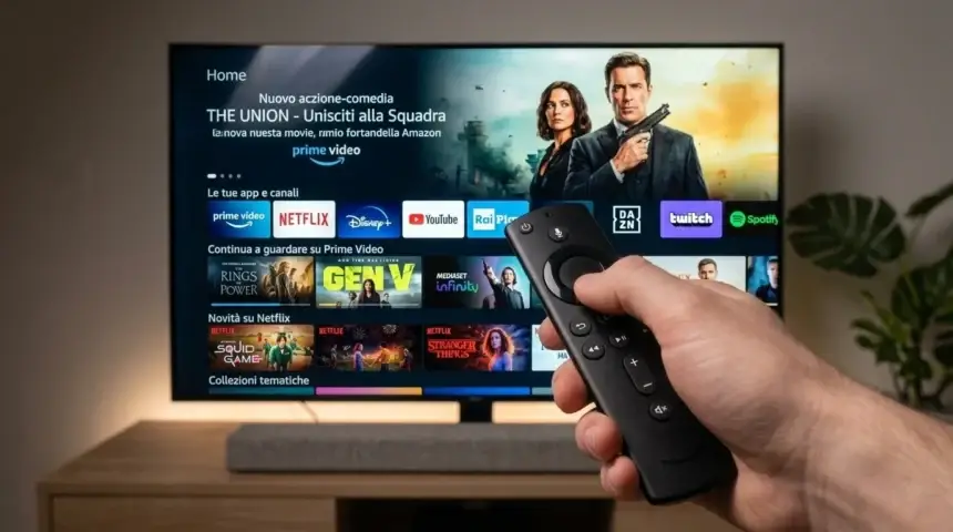 Primo piano di un telecomando Fire TV puntato verso uno schermo fluido e pulito, ambiente tech moderno.