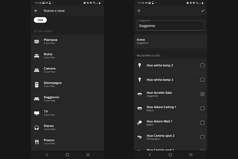 L'App Philips Hue ti consente di creare stanze specifiche per gruppi di luci.