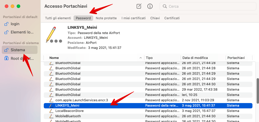 Schermata dell'Accesso Portachiavi per le password.
