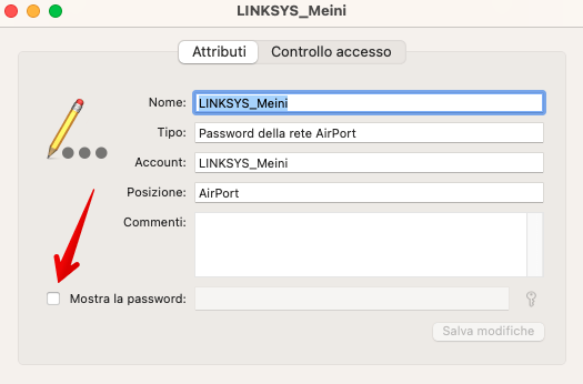 Finestra dettagli rete Wi-Fi.