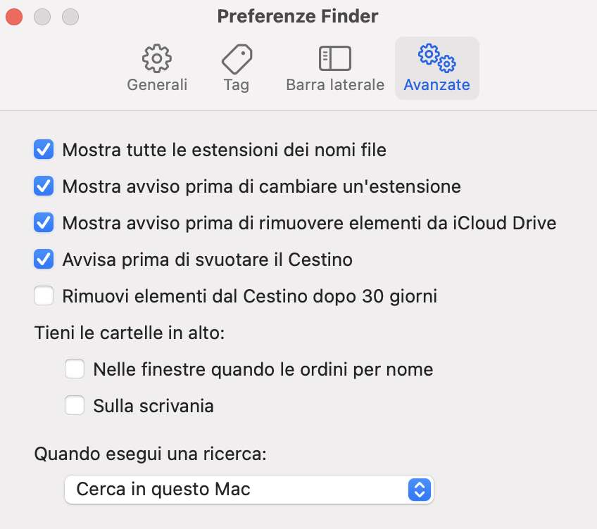 Preferenze Finder su Mac