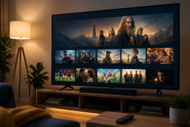Prime Video aperto su una Smart TV in un soggiorno moderno con interfaccia streaming e telecomando sul tavolino.