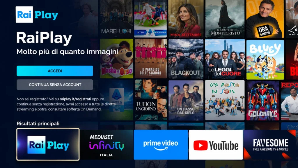 Schermata RaiPlay per accedere o continuare senza account