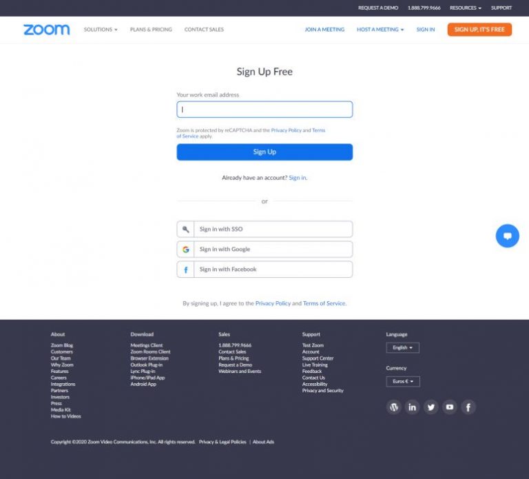 Pagina di registrazione account Zoom