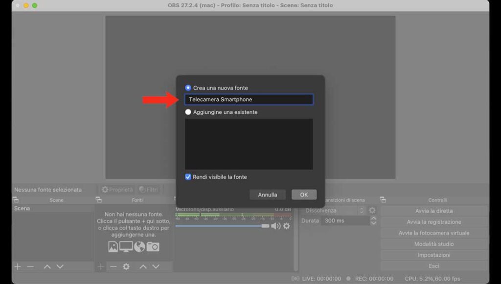 Rinominare la fotocamera virtuale su OBS