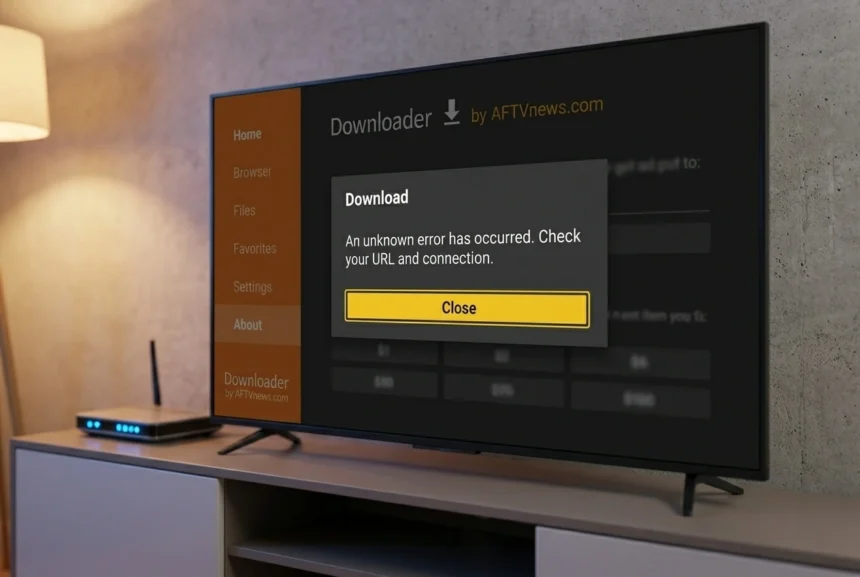 Schermo TV che mostra l'errore di connessione dell'app Downloader su Amazon Fire TV Stick con un router accanto