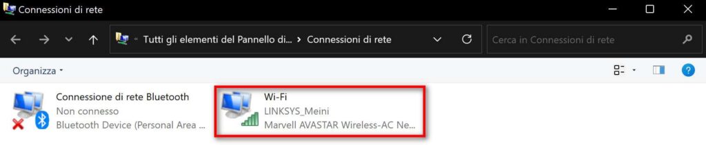 Finestra Windows connessioni di rete.