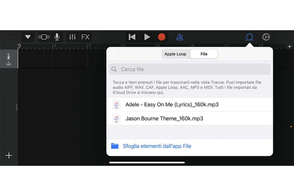 Selezione del brano da importare su Garageband