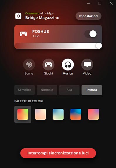 Schermata Philips Hue Sync Audio colori
