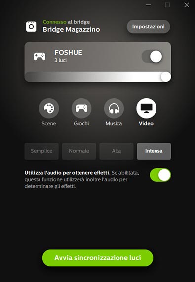 Schermata Philips Hue Sync Audio e Video