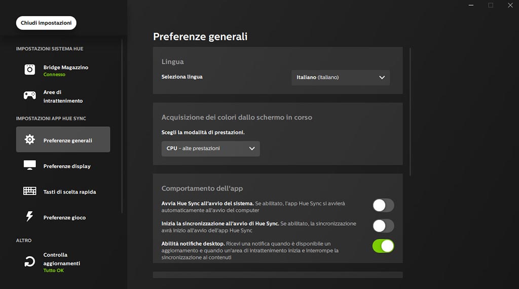 Hue Sync preferenze generali