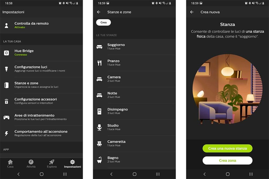 Schermate di configurazione stanza su Philips Hue