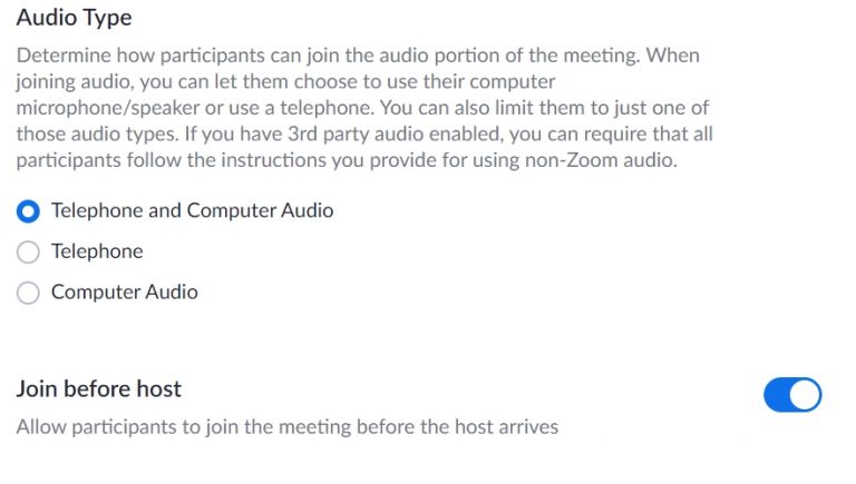 Settaggi del meeting Zoom da attivare per l'audio