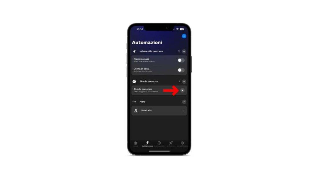 Schermata Simula presenza Hue Attivare Simula presenza su app Hue