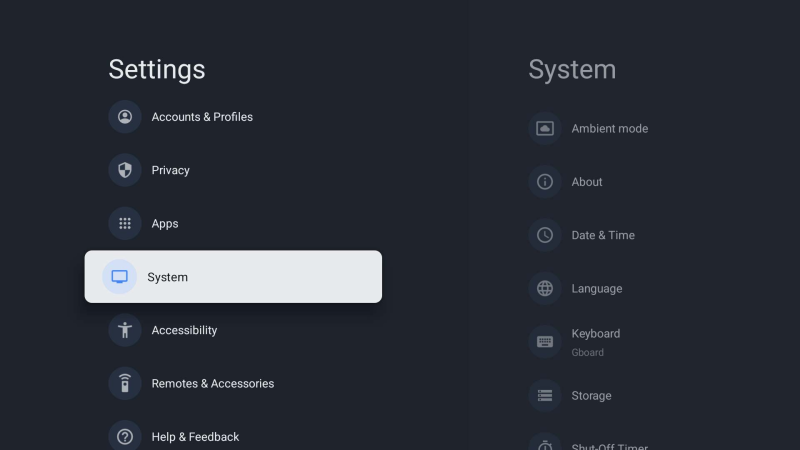 Menu impostazioni di Google TV con la voce Sistema selezionata.