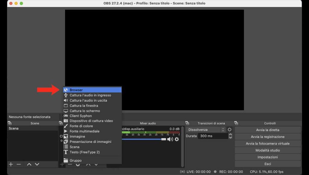 Aggiungi sorgente Browser su OBS