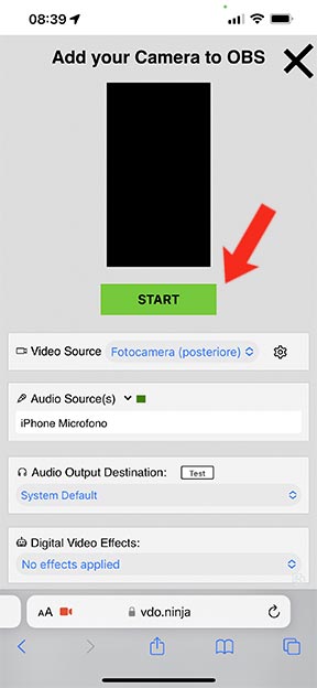 Pulsante START per avvio fotocamera virtuale