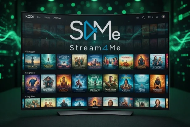 Interfaccia Kodi su Smart TV con l'addon Stream4Me installato, che mostra un archivio di film e serie TV con il logo ufficiale di Stream4Me in evidenza. Guida completa Idealight.it.
