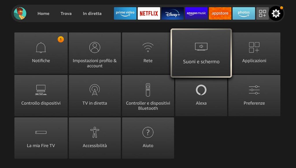 Schermata impostazioni sulla Fire TV