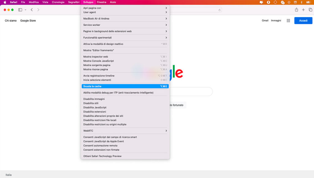 Cancellare cache Safari su Mac