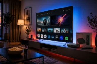 Smart TV Google TV in soggiorno moderno con atmosfera tech e luci cinematografiche