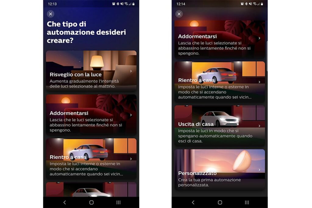 Varie tipologie di automazioni nell'app Philips Hue