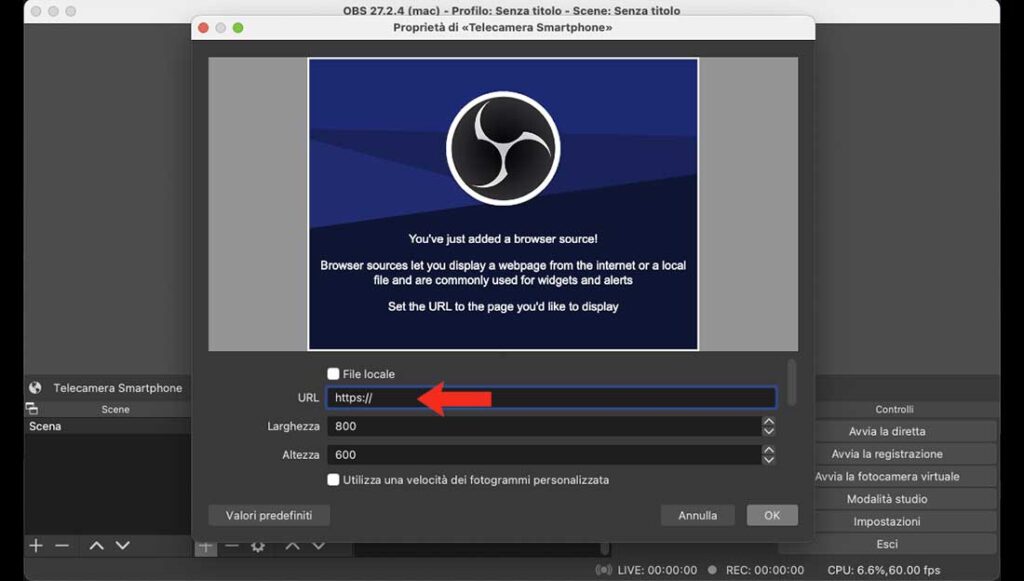 Dove inserire l'url della fotocamera virtuale