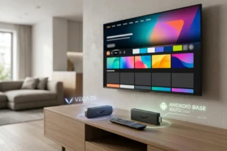 Confronto tecnologico tra Amazon Fire TV Stick con Vega OS e sistema Android su un mobile TV moderno