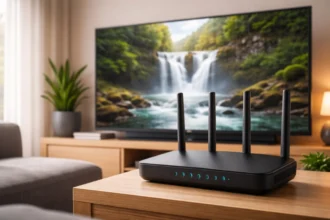 Router Wi-Fi domestico con televisore che riproduce contenuti in 4K