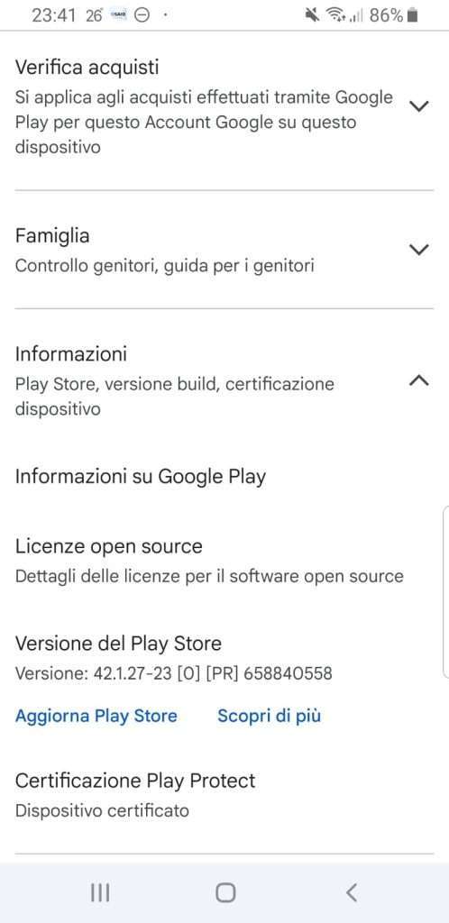 Versione del Play Store Versione del Play Store