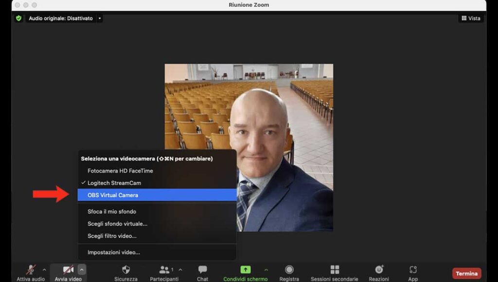 Selezione della OBS Virtual Camera su Zoom