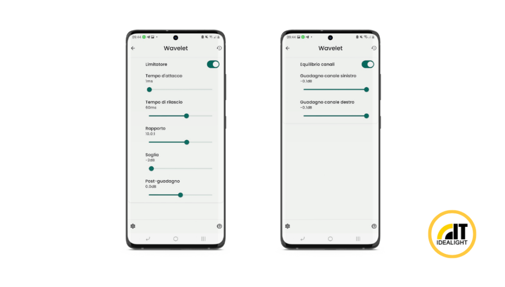 Schermata dei limitatori audio sull'app Wavelet