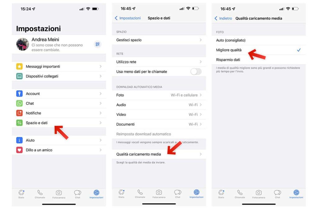 Schermate Whatsapp per caricamento media HD