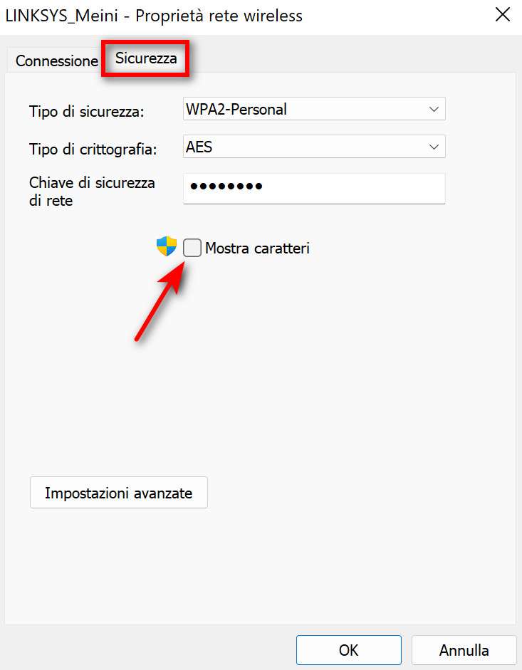 Mostra caratteri della rete Wi-Fi in Windows.