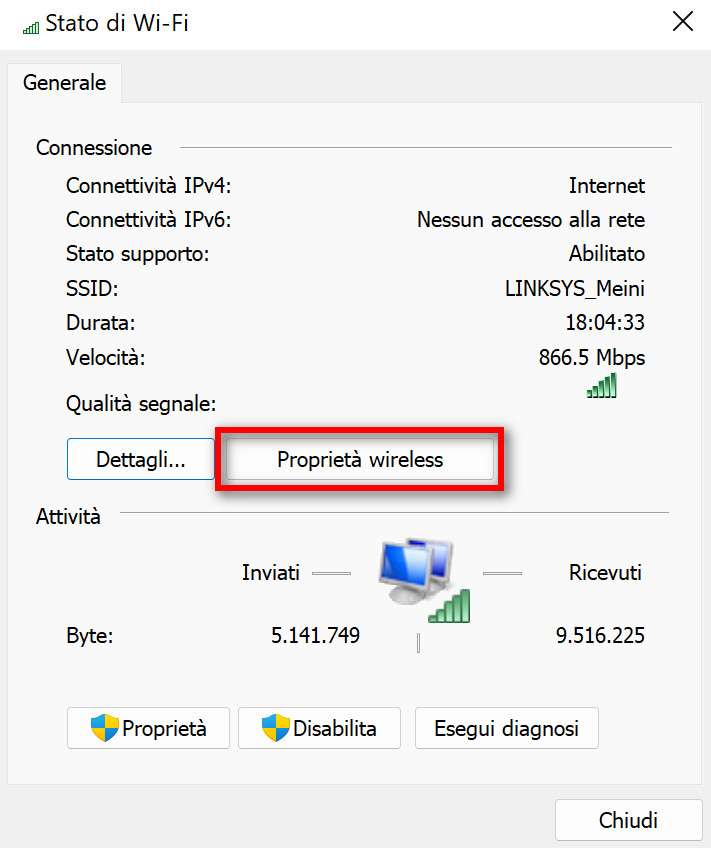 Proprietà rete WiFi su Windows.